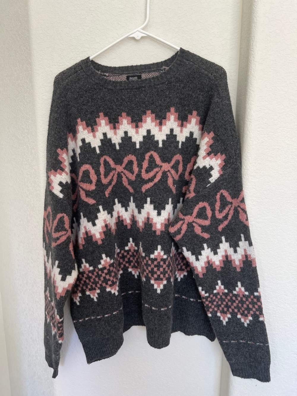Charcoal Crewneck Sweater with Pink Fair Isle Motif